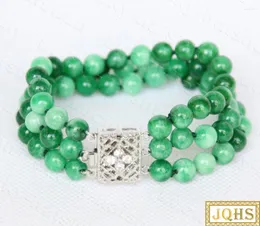 Strand Jqhs Natural 20cm 3Row 8mm Round Multicolor Green Jade Beads Armband 18KGP CLASP C790 Halsband