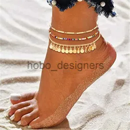 Tobilo 3pcs/Lot Bohemian Pailletten Anklets for Women Mode Gold Farbarmband Fußkett auf dem Bein Strandfußzubehör X0817