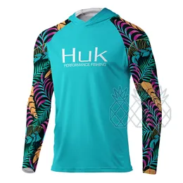 Koszule na zewnątrz Huk T-shirt z kapturem koszulka wędkarska Mężczyźni Ochrona UV długoterminowy UV 50 Koszule wędkarskie odzież na zewnątrz Roupa de pesca 230816