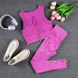 ヨガの衣装Salspor Sports Yoga Sets Rose Red Women Sportwear Slimming Zip Vest High Waist Pitantsジムシームレスセット女性2ピース230817