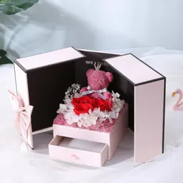 Dekorativa blommor Alla hjärtans dag gåva nallebjörn Rose Two Door Box Birthday Girl Girlur Morårsdagen Jul GIF