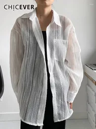 Camicette femminile chicever solido camicetta trasparente per donne maniche lunghe con maniche lunghe a maniche lunghe tasca toppata camicie sciolte coreane primaverili