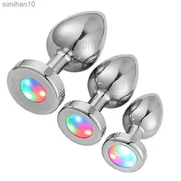 Anal Toys Light Up Metal Anal Plug NO Vibrator Butt Plug Jewelry Crystal Ball Insert BDSM Luminous Sex Toys for Male Female HKD230816