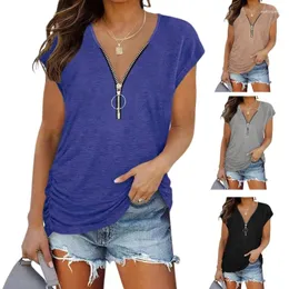 Women's T Shirts Q0KE Women Raglan Short Sleeve Solid Color Sexy Zipper Front V-Neck Casual Loose Blouses Tunic Tops With Side Shirring