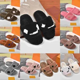 L Designer Furry Fluffy tofflor Womens Ladies Luxury Sandals Fur Slipper Slides Winter V Bekväm plysch Känsla Full kvalitetsmodellstorlek 35-42 med boxdamm etc.