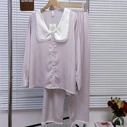 Kvinnors sömnkläder 2st Pijamas Set Summer Pyjamas Suit Women Rayon Home Clothing Spring Lapel Long Sleeve Shirtpants Nightwear Lingerie