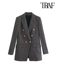 Kombinezony damskie Blazers Traf Women Fashion Tweed podwójnie piersi płaszcz blezerowy Vintage długie kleapy z długim rękawem Kobiece odzież wierzchnia elegancka femme 230817