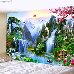 Tapestries Nature Landscape Tapestry Chinese Scenery Painting Home Decor Mountain Waterfall Sunset Flower Wall Hanging Wall Decoration R230817