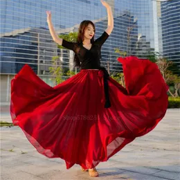 Scene Wear 720Gree Spanish Flamenco kjol Kvinnor Girls Dance Gypsy Chiffon Belly Two-Layer Big Wing Dress Bandage Top Performance