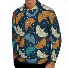Erkek Polos Ginkgo Biloba Sıradan Tişörtler Renkli Yapraklar Baskı Polo Gömlek Erkek Sokak Giyim Bahar Uzun Kollu Özel Giysiler Büyük Boyut