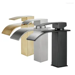 Bathroom Sink Faucets Brushed Gold 304 Stainless Steel Wash Basin And Cold Ceramic Single-hole Table Waterfall Faucet