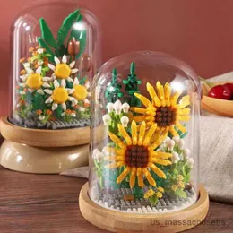 Block Sunflower i Glass Cove Dome Rose Bouquet Building Blocks DIY Artificial Assembly Flowers for Christmas Valentine's Day Gifts R230817