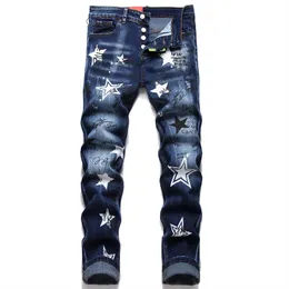 Men's Jeans Designer Retro Plain Elastic Slim Fit Buttons Jeans Men Vintage Casual Denim Pants