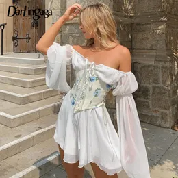 Grundlegende lässige Kleider Darlingaga Slash Neck Chiffon Strand weiße Kleid Frauen fliehen Sie die Ärmel von Schulter sexy Sommer Doppelschicht fest 230817