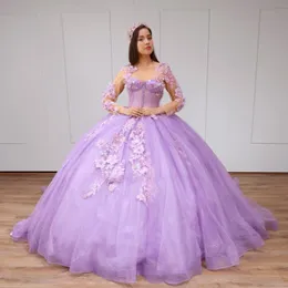 라벤더 반짝이는 연인 Quinceanera 드레스 볼 가운 롱 슬리브 3dflowers 아플리케 구슬 코르셋 미인 대회 스위트 15 파티