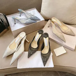 Pumpen speicherte Zehenkristallverzierung Hausschuhe Maultiere 60 mm dünne High Heels Hochzeitsfeier mit hohen Schuhen Sommer- und Frühlingsdesigner-Sandalen für Mädchen Frauen mit Kasten