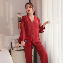 Women's Sleepwear Summer Sexy Pyjamas Suit 2PC Cardigan Long Sleeve Nightwear Full Ice Silk Pajamas Casual Loose Pijamas Homewear