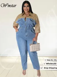 Women's Plus Size Pants Wmstar Denim Jumpsuit Women Patchwork Buttons Long Sleeve Fashion Pockets Elastic Waist Romper Wholesale Drop 230816