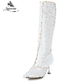 Scarpe eleganti Sgesvier inverno a spillo inverno puntate ginocchiere di punta ad alto ginocchio oro glitter argento alla moda bling donne ox830 230816