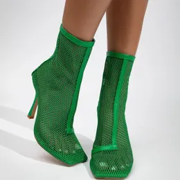 Botas xibeilove moda mulheres tornozelo sexy quadrado cabeça malha zíper verde salto alto respirável festa bola sapatos 230817