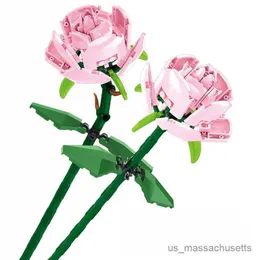 Blöcke 1PCS Romantische Rosenbaubausteine ​​Blau/Gelb/Pink Rose Simulation Blume 3D Modell Spielzeug B für Freundin Geschenk R230817