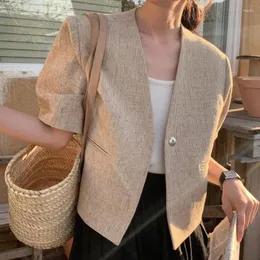 Women's Jackets Retro Small Fragrance V-neck Jacket Button Loose Casual All-match Short-sleeved Tops 2023 Summer Korean Chic Tweed Coat