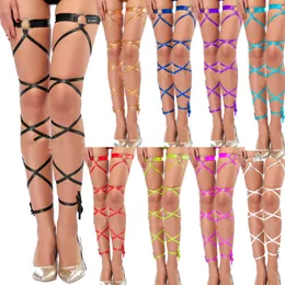 Seksi çorap seksi iç çamaşırı pu deri çapraz bandaj yüksek uyluk çorapları kadınlar elastik gotik bacak kablo demeti sargılar çançlı kemer parti hosiery 230817