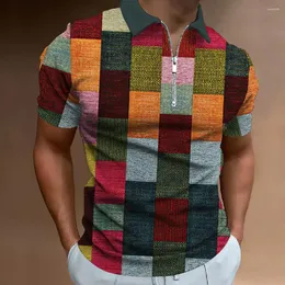 رجال Polos Mens zip Polo Shirt 3D Male Printed Grid Pattern T treasable Clothing Man Discal Discal Extenure Tops Tops