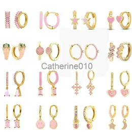 Charm Yuxintome 925 Sterlsilver Needle Trendy Pink CZ Enalj Pierchoop örhängen för kvinnor Huggie örhängen Fashion Jewelry Gift J230817