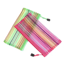 Anmeldung Lieferungen 10pcs Regenbogenfarbe Nylon -Mesh -Dokumentbeutel 230x115mm Multicolor Reißverschluss -Dateibeutel Taschen Multipurpose -Reiseorganisator 230816