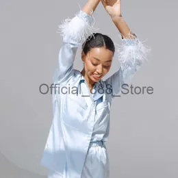 Women 2PCS Pajamas Set Plain/Patchwork Long Sleeve Feather Cuffs Shirts Tops + Short Pants Loose Sleep/Home Wear Clothes x0817