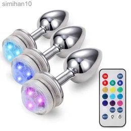 Brinquedos anal 3 tamanhos de controle remoto LED LUZES coloridas de alumínio alumínio plug plug plug plug plug fetish casal flertando brinquedos sexuais adultos gays hkd230816