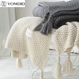 Одеяла нить одеяло с кисточником с твердым бежевым серого кофе одеяло для кровать диван домашний текстильный мод