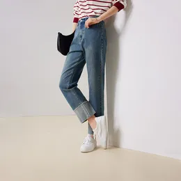 سراويل جينز للسيدات Toyouth Women 2023 الخريف المستقيم على التوالي طويل الخصر بتصميم HEM Trend Trend Class All Match Blue Denim