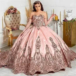 2023 Pink Sexy Shining Quinceanera Dresses Sweet 15 Dress Sweetheart Appliqued Crystal Prom Gowns Rose Gold Sequined Lace Sequins With Sleeves Beaded Ball Gown