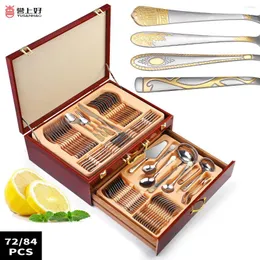 مجموعات أدوات المائدة مجموعة أدوات المائدة مجموعة من 72 قطعة مطلية بالذهب من الفولاذ المقاوم للصدأ بسكين شوكة.