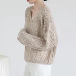 Women's Sweaters Chic Fashion Hollow Out Knitted Tops Warm And Soft Woll Pullovers Autumn Women Casual Loose V-neck Clothes 28445