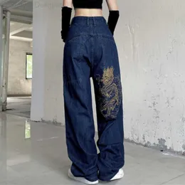 Новые европейские и американские Jinlong вышитые джинсы Женщины y2k Street Retro увеличивают шлицкие брюки с прямыми сексуальными брюками с высокой талией L230817