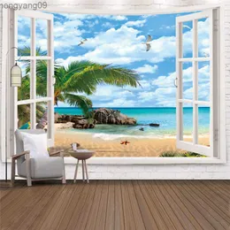 Gobeliny tanie plażę poza drzwiami Tobestry Hippie Wisząca Duża drukowana krajobraz Ocean Art Mur Tieb Dibet Dekorat Suith Decor R230817