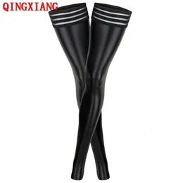 Sexy Socks S-2XL Plus Size Sexy Women Lady Black Wet Look Faux Leather Thigh High Stockings PU Striped Legging Costume Role Play Uniform 230817