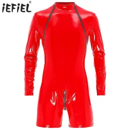 Sexy Set Mens Dessous Reißverschluss Schritt Langschläfe Jumpsuit nass Look Patent Leder BodySuit Clubwear Pole Tanz Performance Rave Kostüm 230817