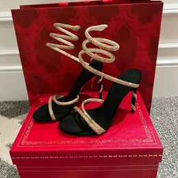 Rene Caovilla Margot utsmyckade Suede Designer Sandaler Snake Strass Stiletto klackar Kvinnors högklackade lyxdesigners Ankel Wraparound Evening Shoe Footwear