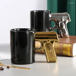Canecas Moda Creative Gold Silver Silver Modeling Cup Cuple Cuple Gun Handle Coffee With Spoons Milk Tea Boys Presente Presente