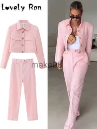 Dwuczęściowe spodnie damskie Pink Cropped Blazer Kurtka Długie spodnie dla kobiet letni garnitur kieszonkowy proste spodnie Baddie Zestawy zestawów żeńskich eleganckich strojów J230816