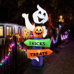 Outras festa de eventos suprimentos de 2,4m Big Halloween Ghost Inflatable Holding Pumpkin Street Signs Decoration Tricks ou Treats Festive 230816