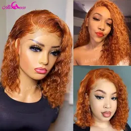 180% Gęstość Ginger Orange Curly 13x4 koronkowe przednie ludzkie włosy peruki dla kobiet krótkie bob kręcone ludzkie włosy peruki przezroczystą koronkową perukę