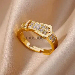 Bandringar Zircon Stone Belt Rings for Women Gold Plated Justerbart rostfritt stål Ring 2023 Trend Luxury Estetiska smycken Gratis frakt J230817