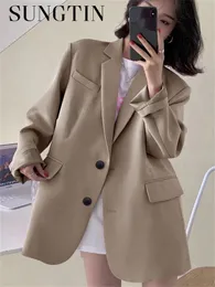 Womens Suits Blazers Sungtin Office Lady Loose Blazer Jacket Women Spring Autumn Solid Casual Female Pocket Design Style Chic Clothings 230817