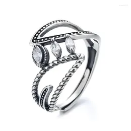 Cluster Rings 361FJ ZFSILVER Silver S925 Trendy Adjustable Luxury Retro White Eye Zircon Hollow Leaf Ring For Girl Women Wedding Party