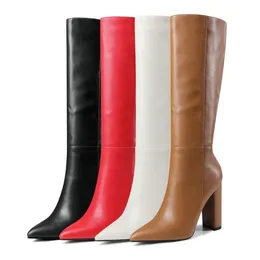 Klänningskor Kvinnor Kneehigh Knight Boots Soft Leather Big Size Autumn Winter Fashion Square High Heel Casual White Brown Red Black 230816